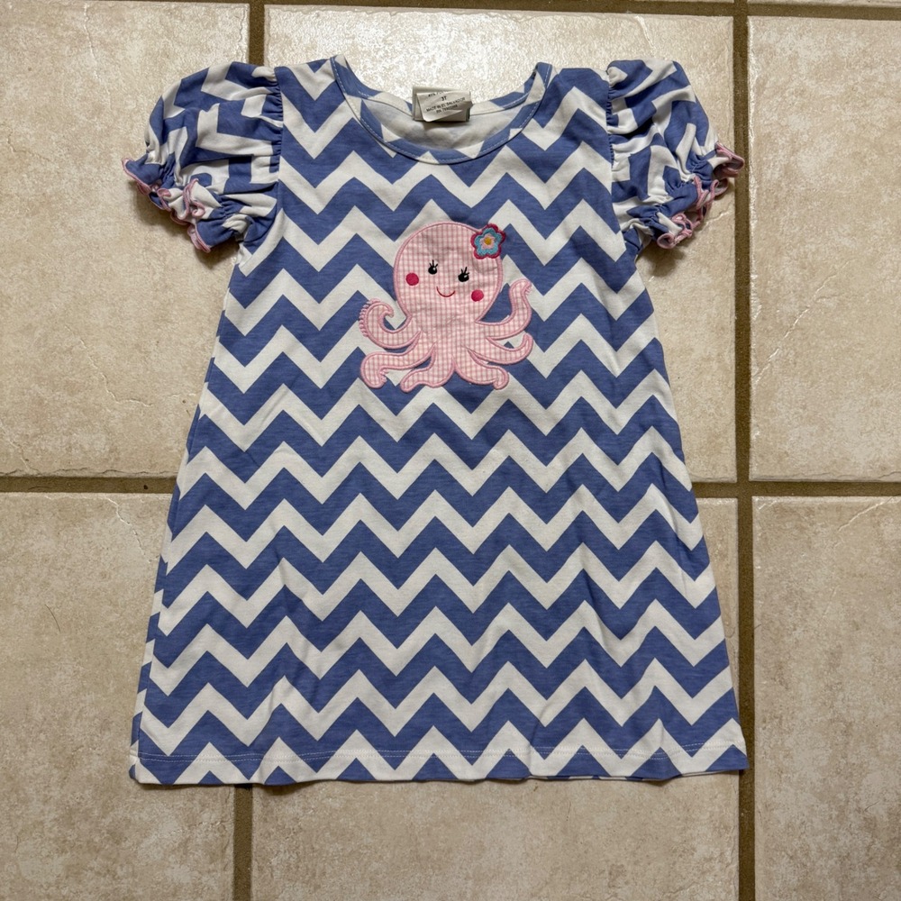 Zucchini Girls 3T Blue Chevron Octopus‎ Ruffle Sleeve Dress Kids
